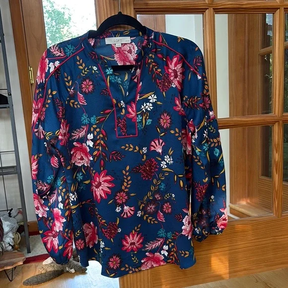 Loft Wildflower Chinoiserie Floral Blue Blouse Large Petite - Picture 3 of 10